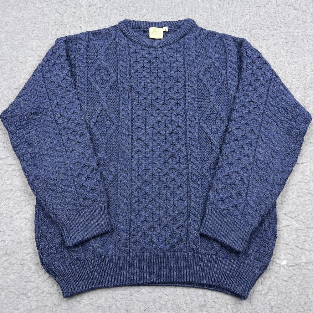 VTG Aran Country Sweater Men's Large Blue Chunky Cable Knit Wool Jumper Ireland